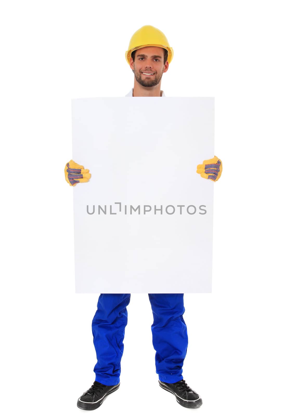 Full length shot of a construction worker holding blank sign. All on white background.