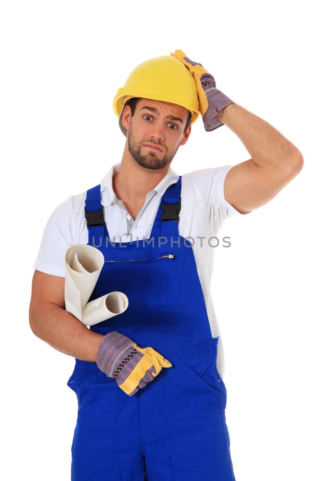 Clueless construction worker. All on white background.