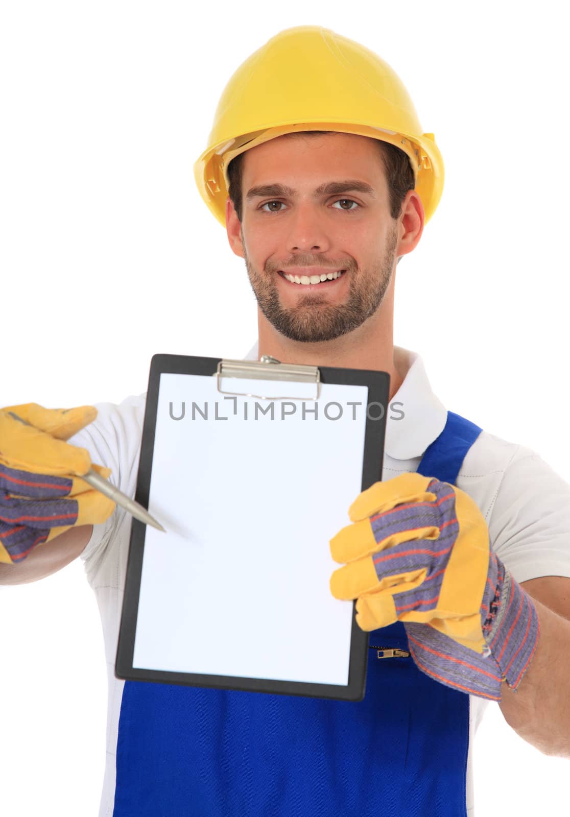 Construction worker pointing on clipboard. All on white background.