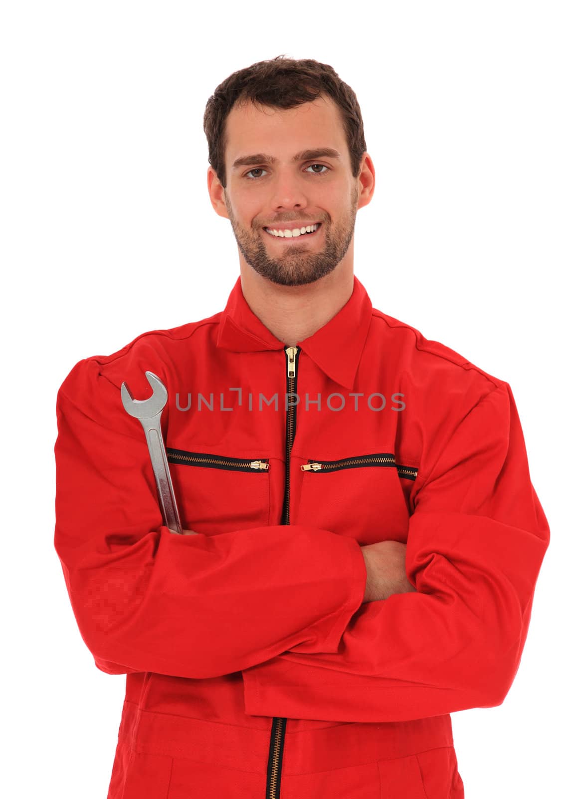 Motivated mechanic. All on white background.