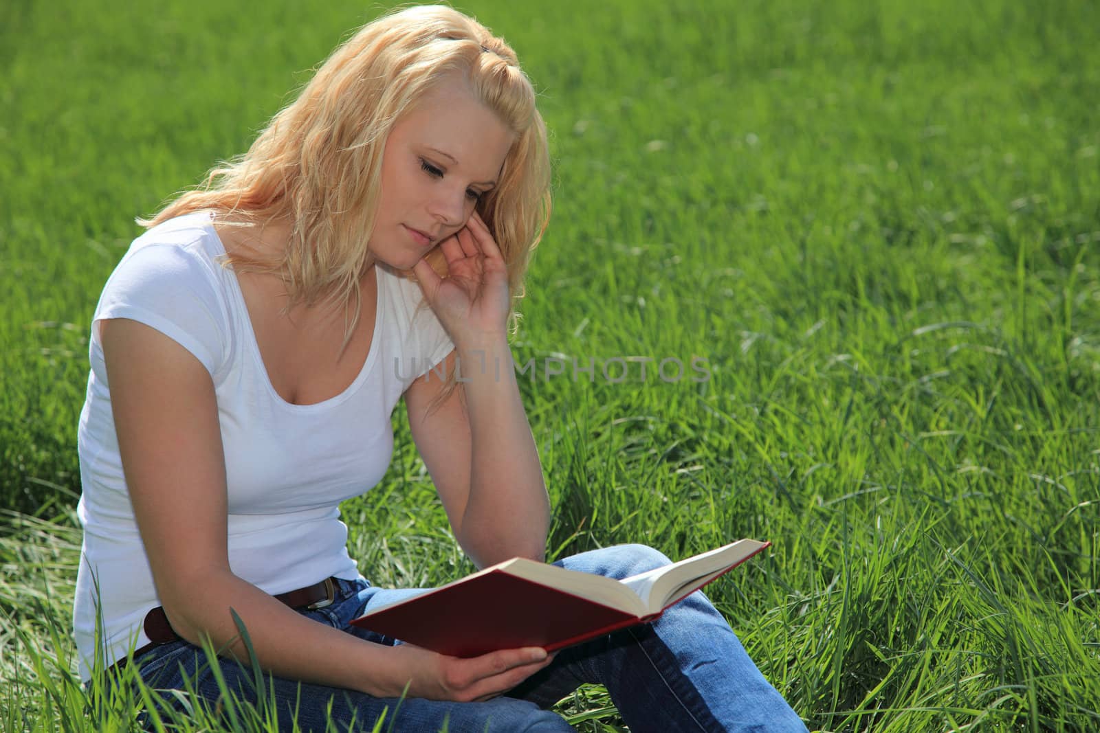 Attractive woman sitting on a green meadow, reading a book.