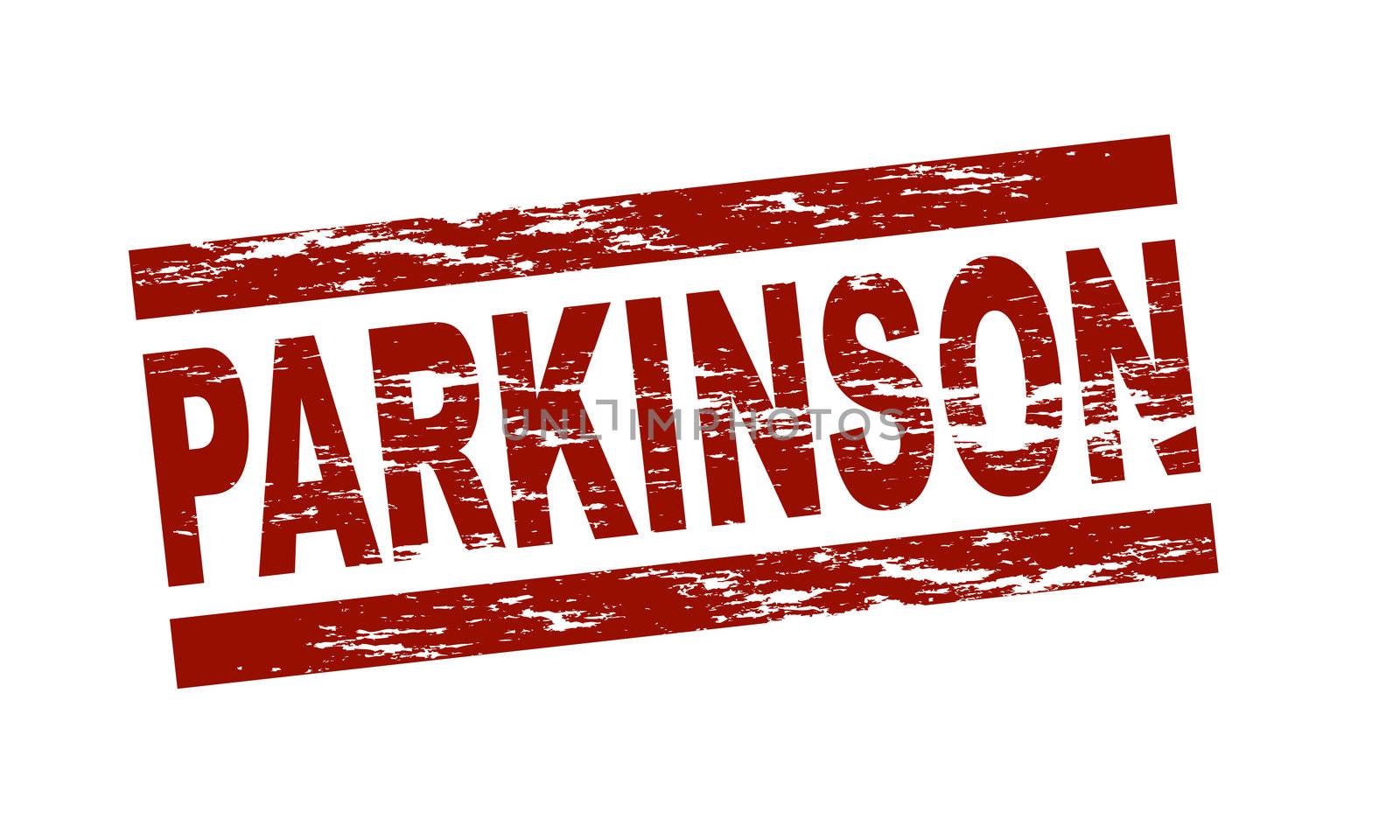Stylized red stamp showing the term Parkinson. All on white background.