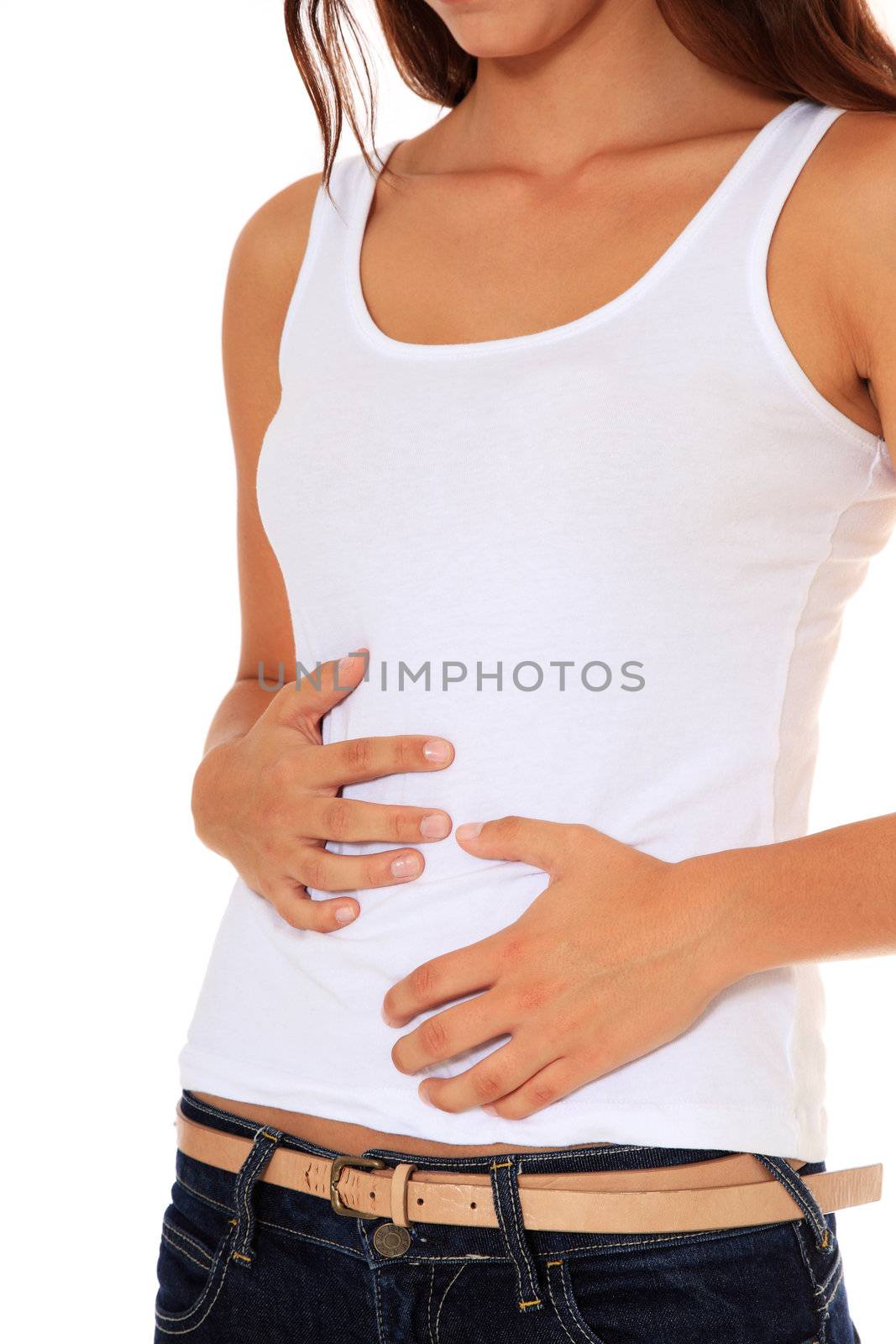 Attractive young woman suffers from stomachache. All on white background.