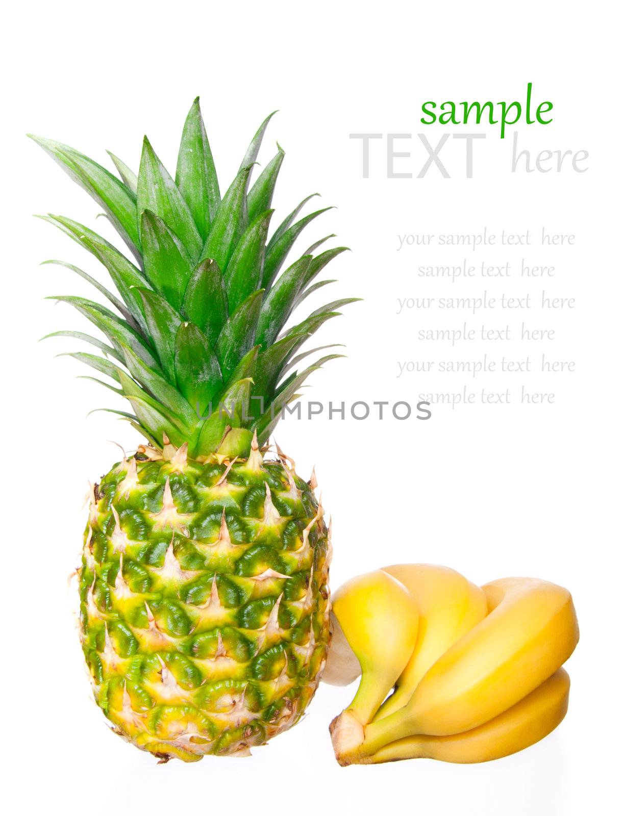 ripe pineapple, bunch of bananas on a white background  by motorolka