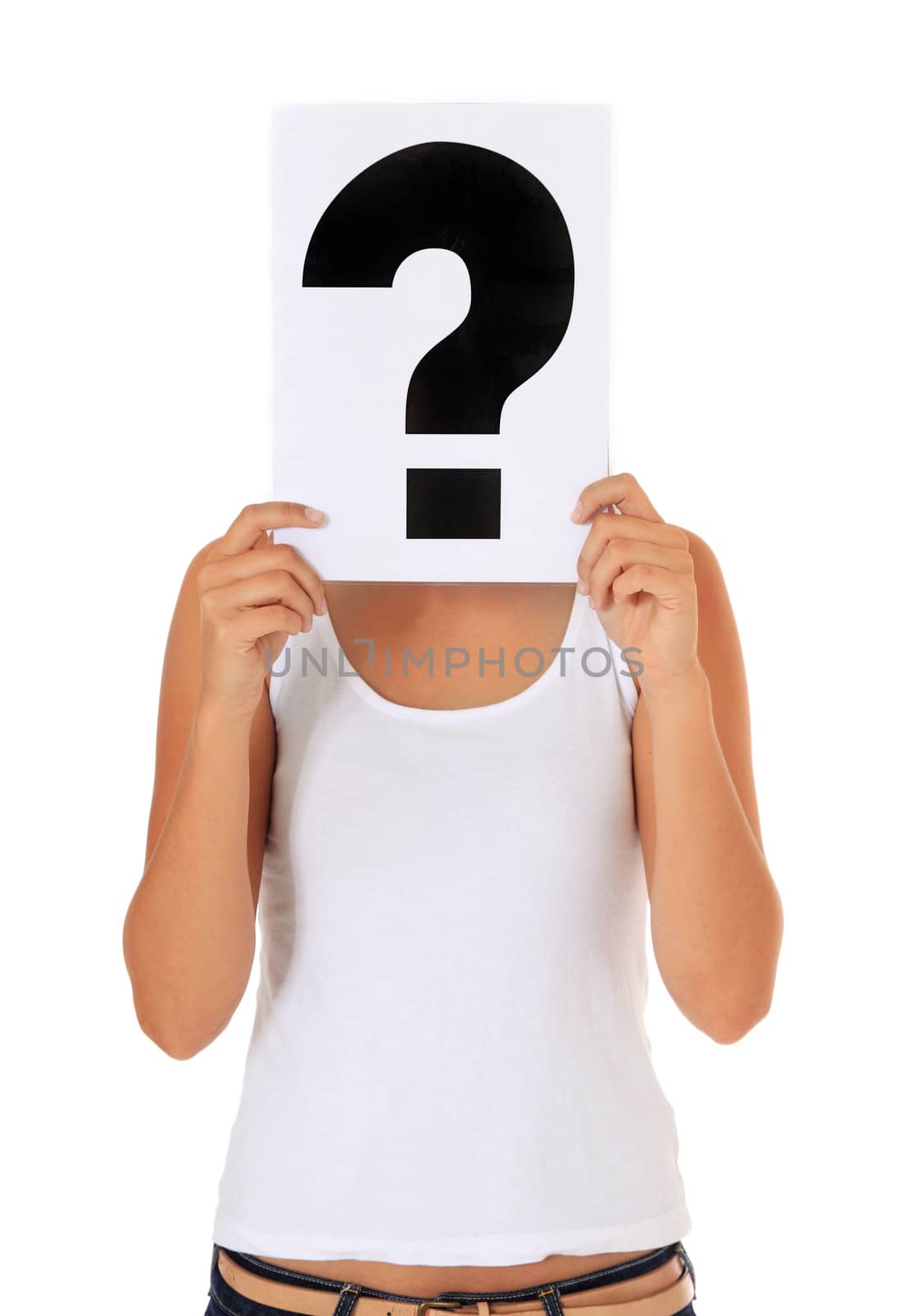Attractive young woman holding a sign with question mark infront of her face. All isolated on white background.