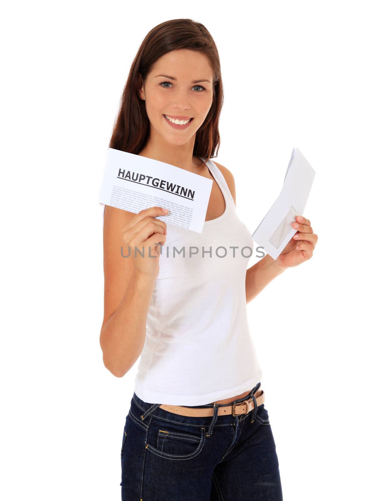 Attractive young woman got information about winning a first prize. All isolated on white background.