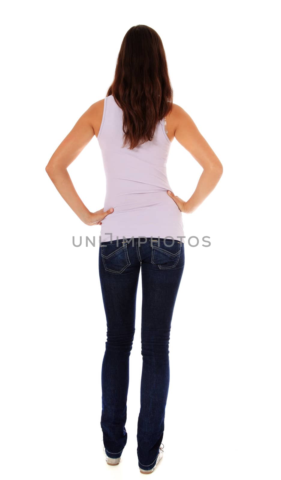 Back view of an attractive young woman. All on white background.