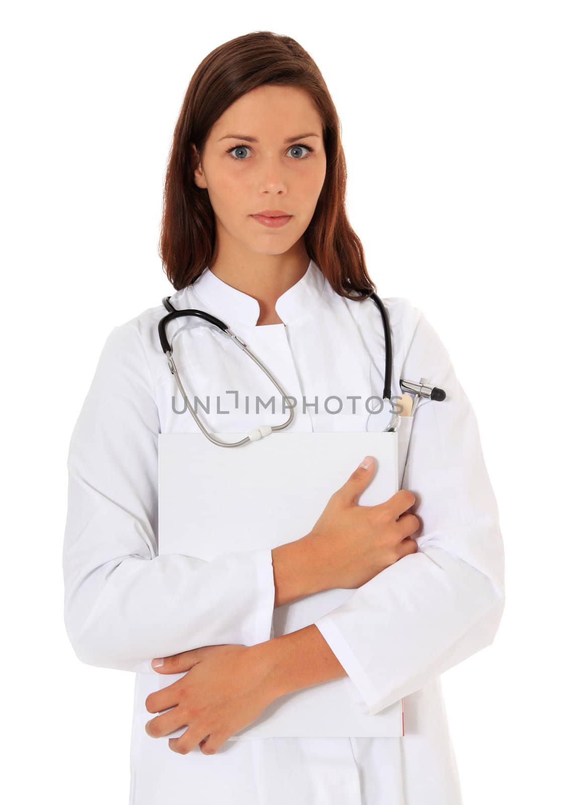 Portrait of an attractive doctor. All on white background.