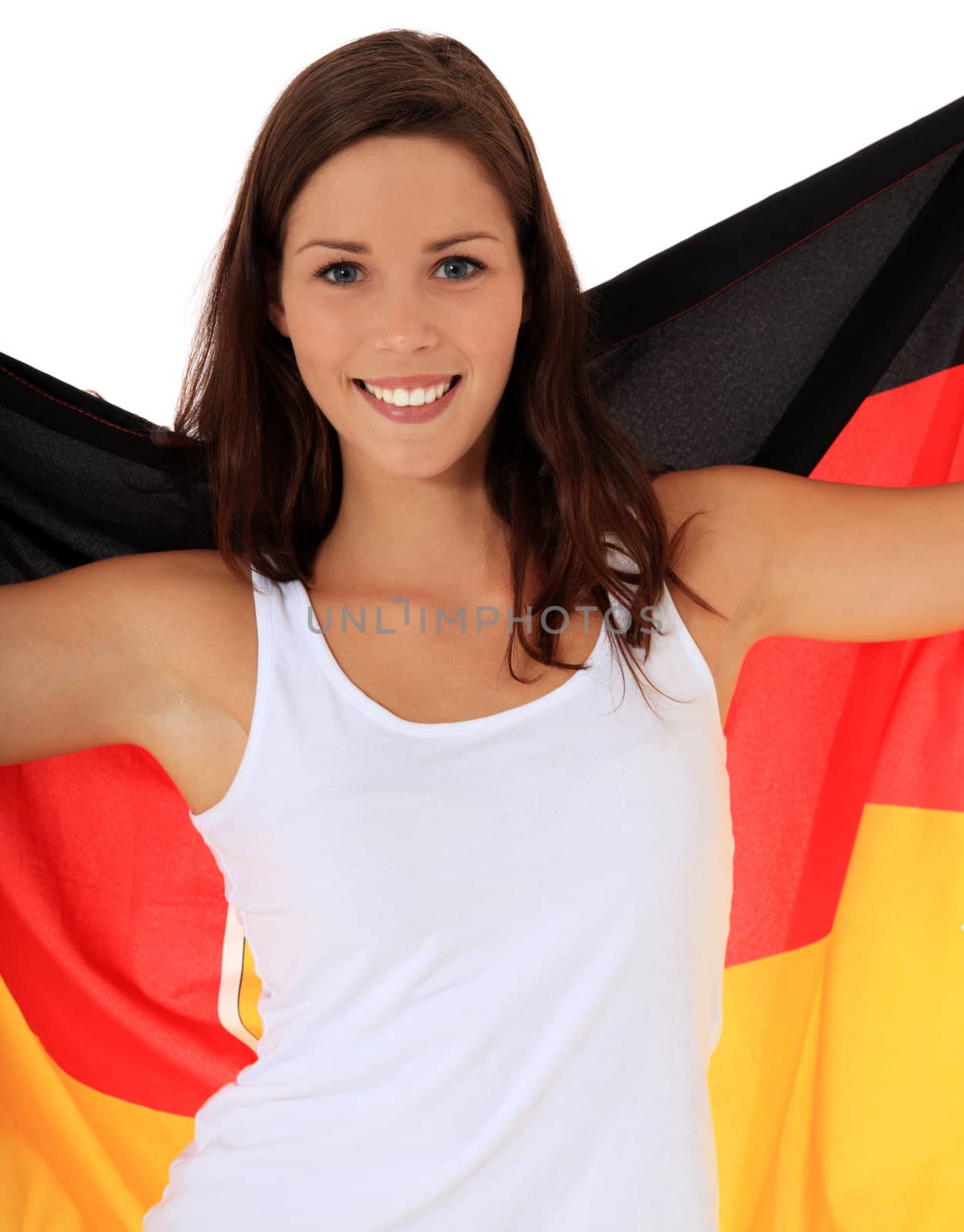 Attractive young woman cheering. All on white background.