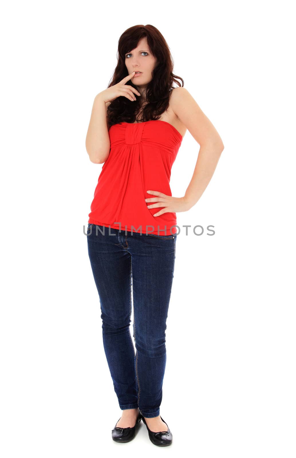 Full length shot of an attractive young woman deliberates a decision. All on white background.
