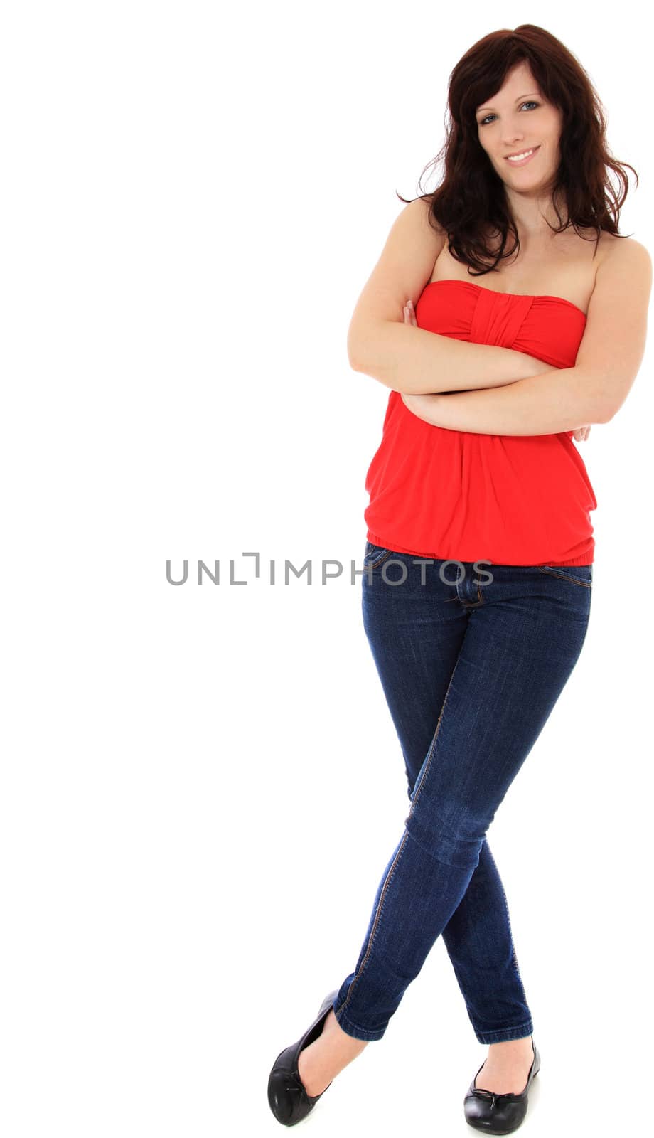 Full length shot of an attractive young woman leaning to the side. All on white background.