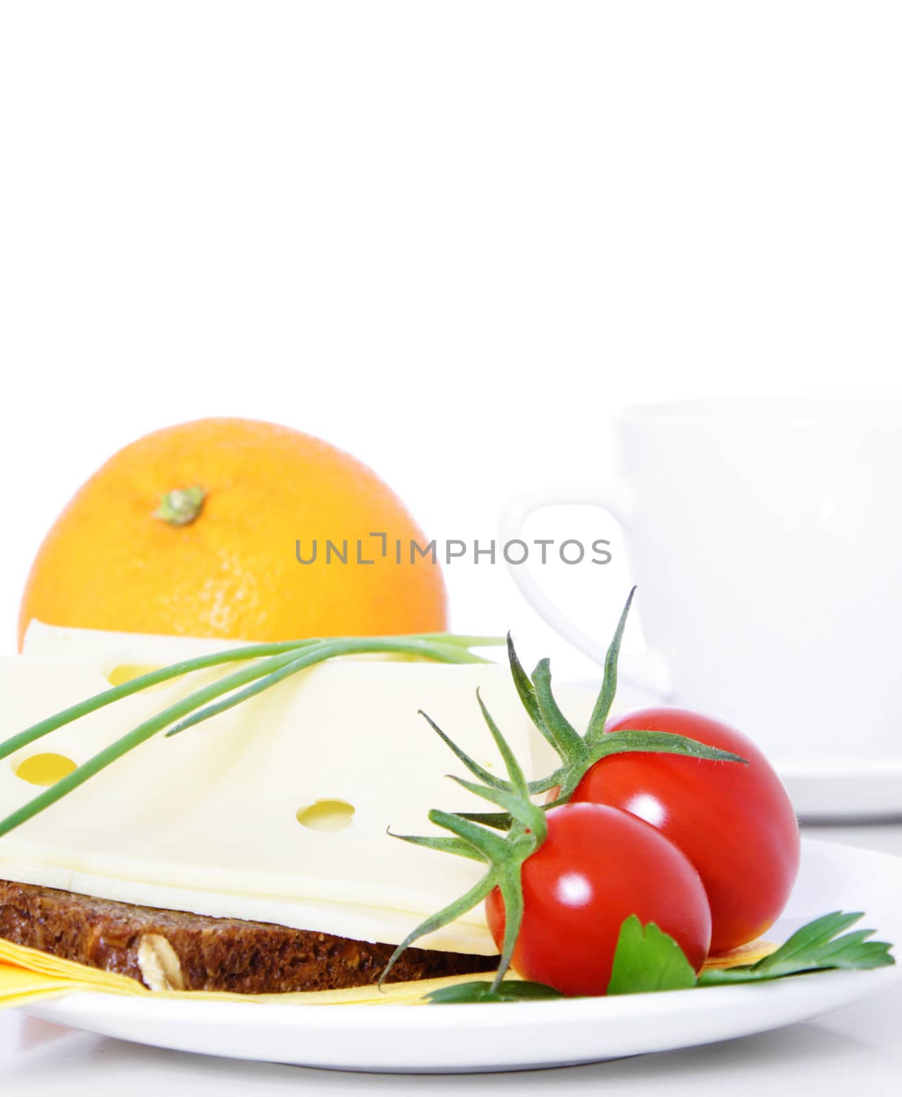 Healthy balanced breakfast. All on white background.