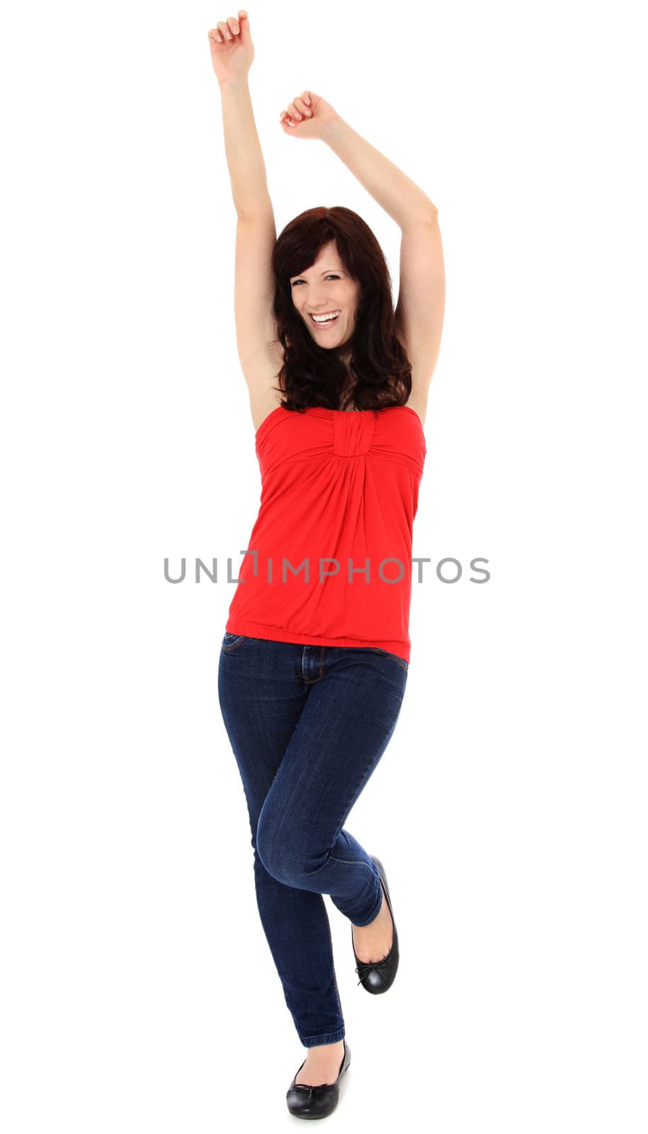 Cheering young woman. All on white background.