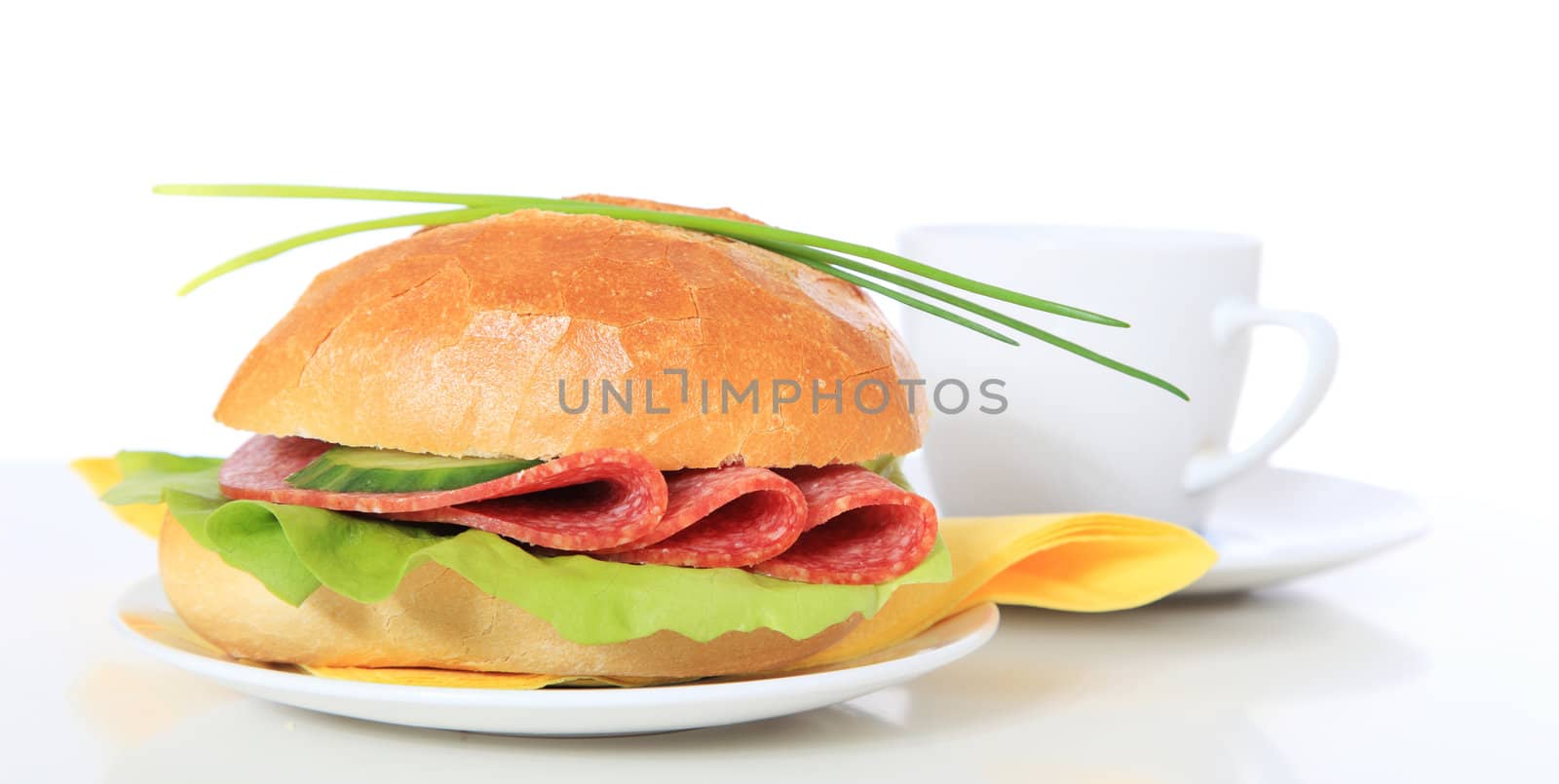Fresh made roll with salami. All on white background.