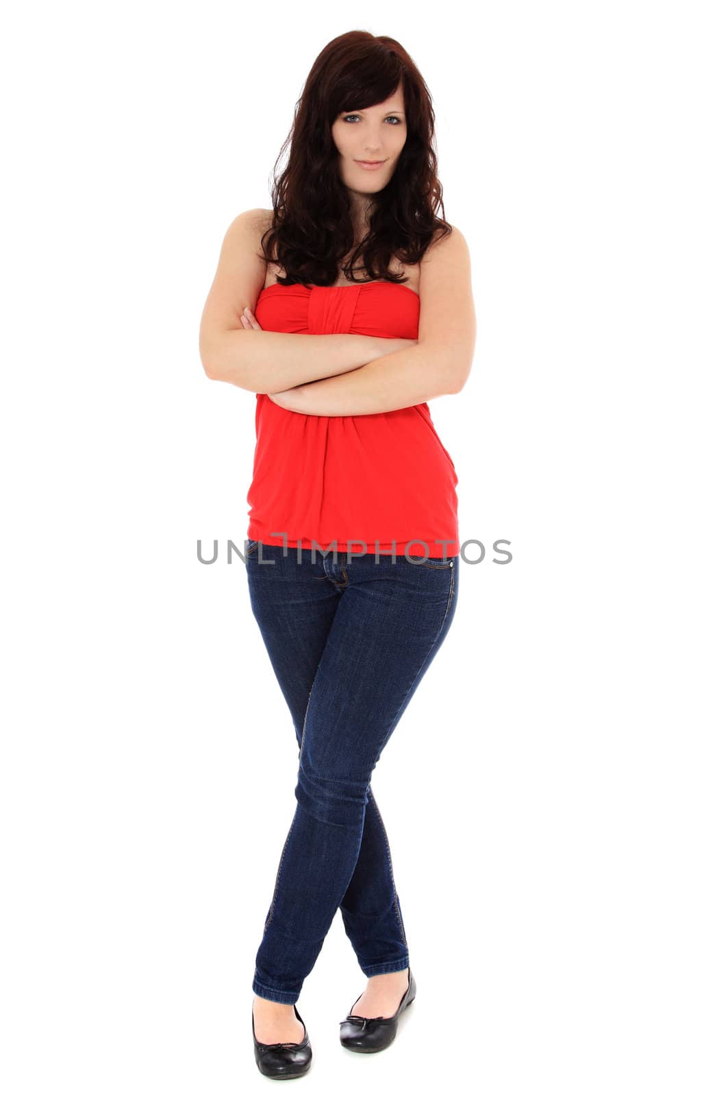 Full length shot of an attractive young woman leaning to the side. All on white background.