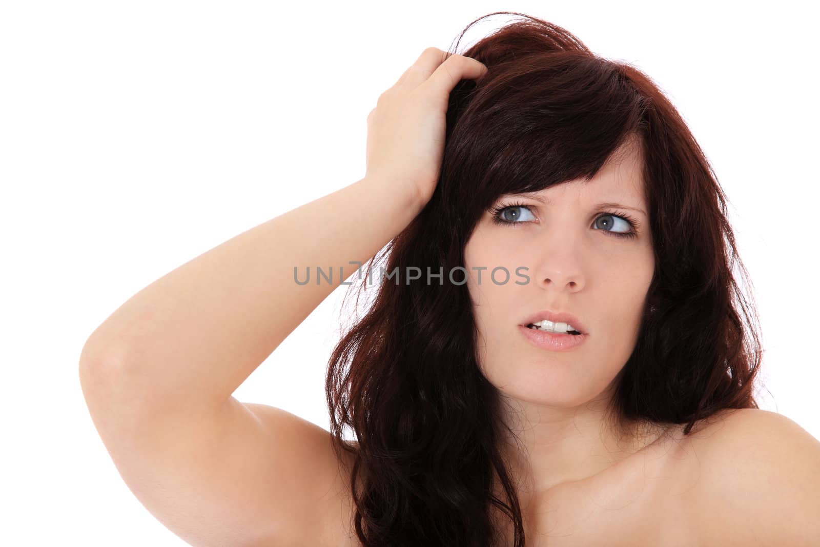 Frustrated young woman. All on white background.