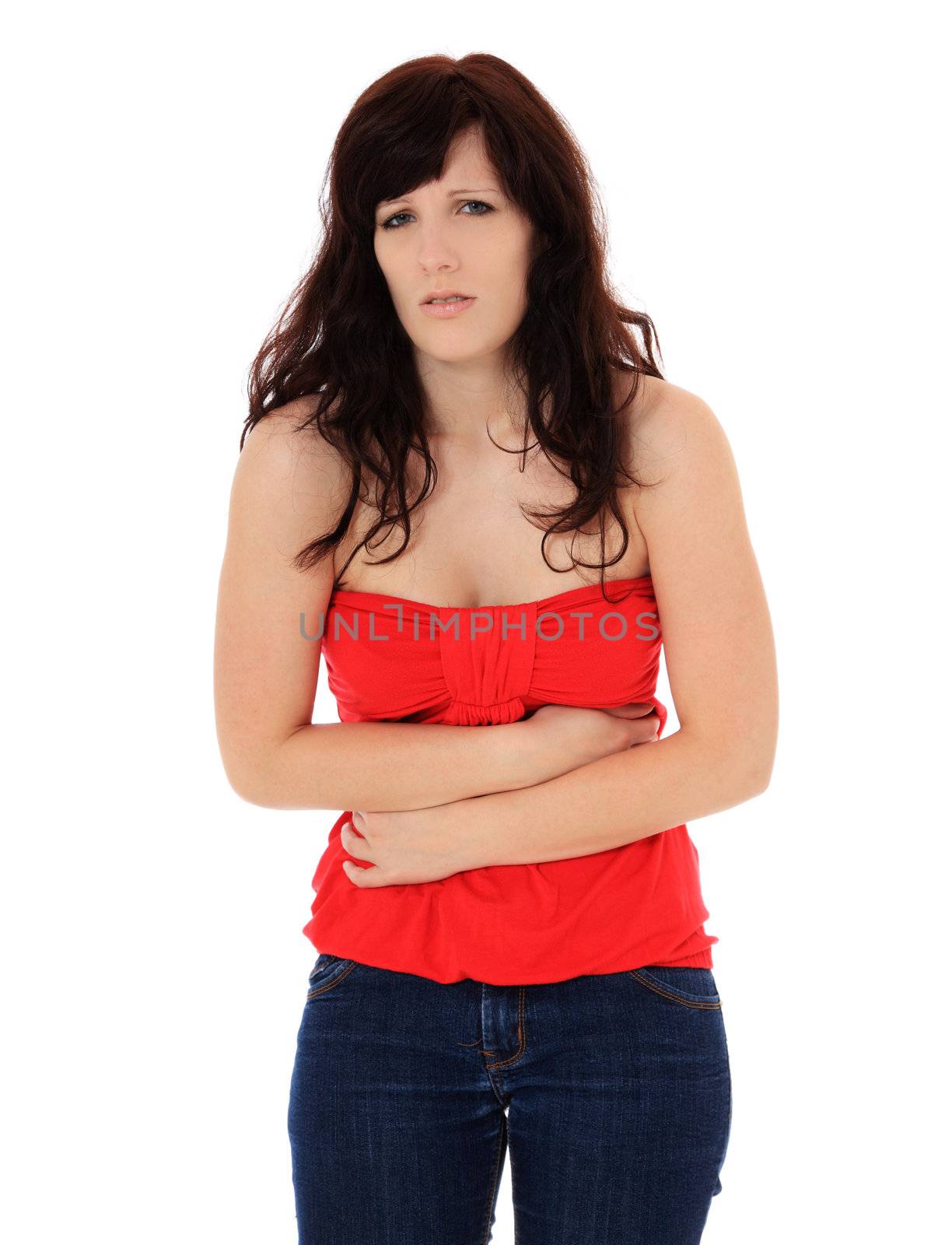 Attractive young woman suffering from stomachache. All on white background.