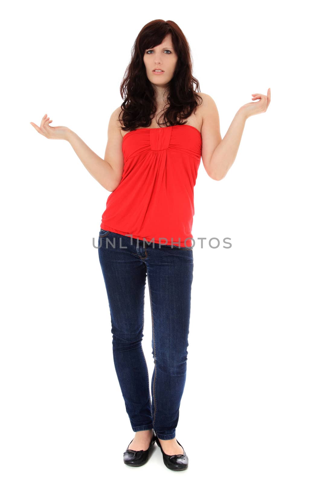 Clueless young woman. All on white background.