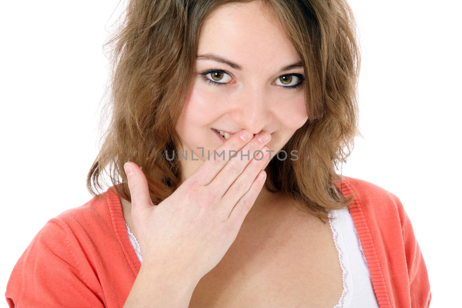 Shy young woman. All on white background.