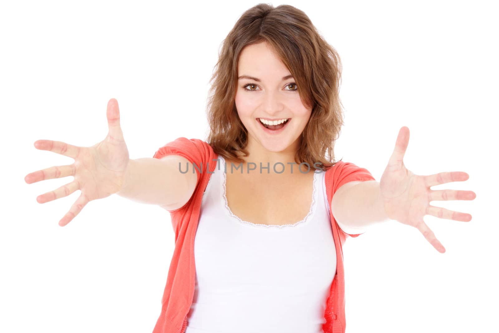 Cheering young woman. All on white background.