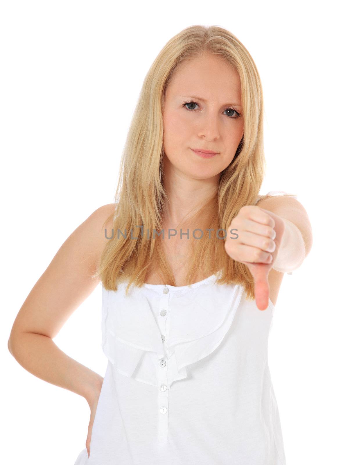 Attractive blond girl showing thumb down. All on white background.