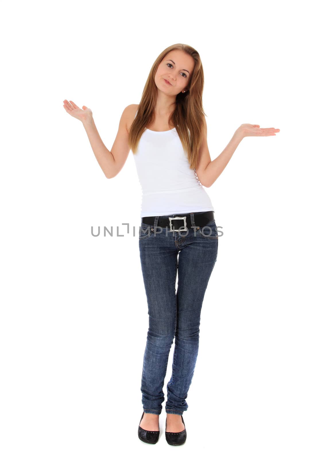 Full length shot of a clueless girl. All on white background.