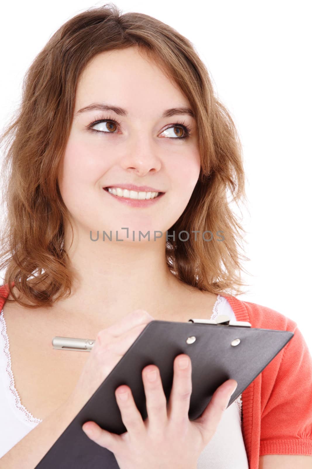 Attractive young woman doing a survey. All on white background.