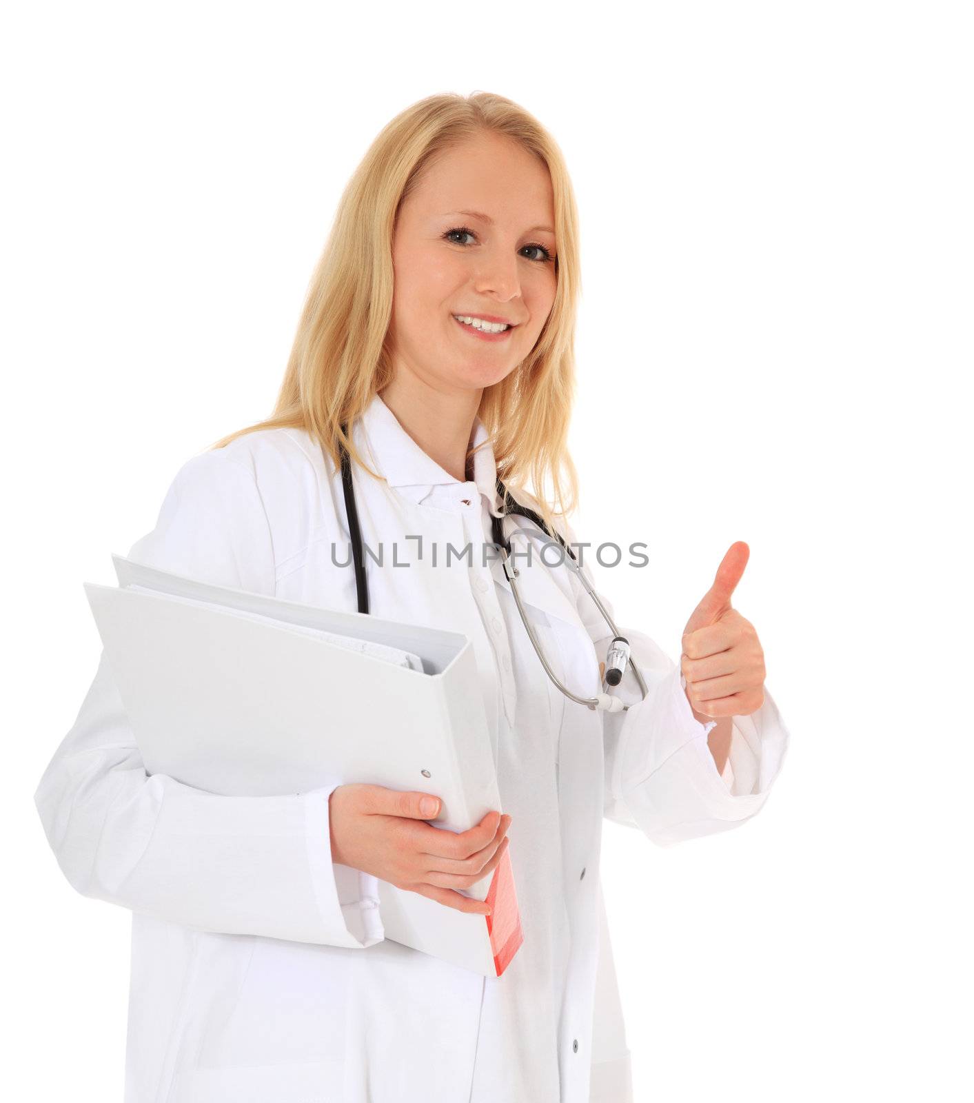 Attractive physician showing thumbs up. All on white background.