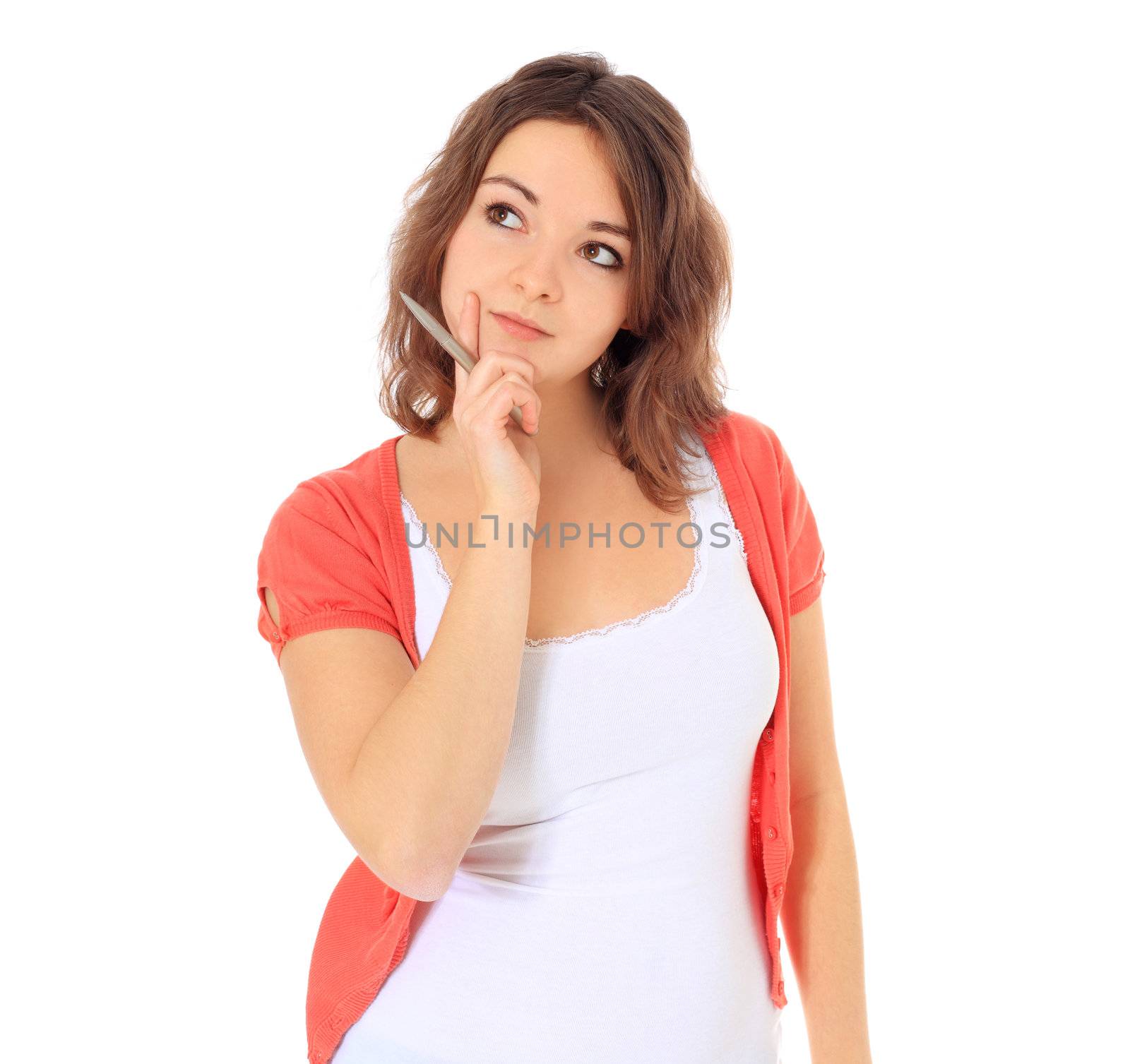 Attractive young woman deliberates a decision. All on white background.
