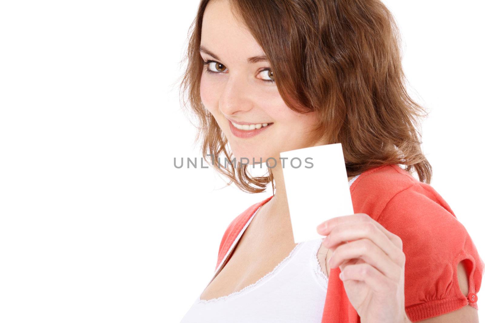 Attractive young woman holding a business card. All on white background.