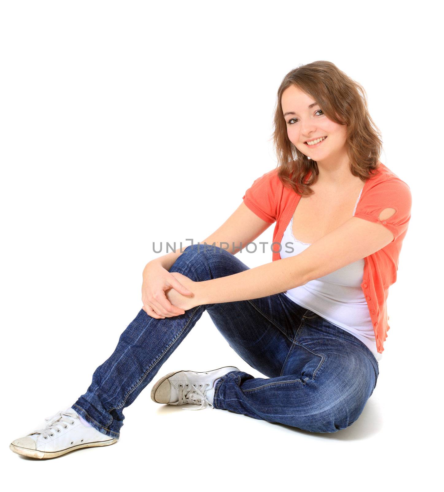 Attractive teenage girl. All on white background.