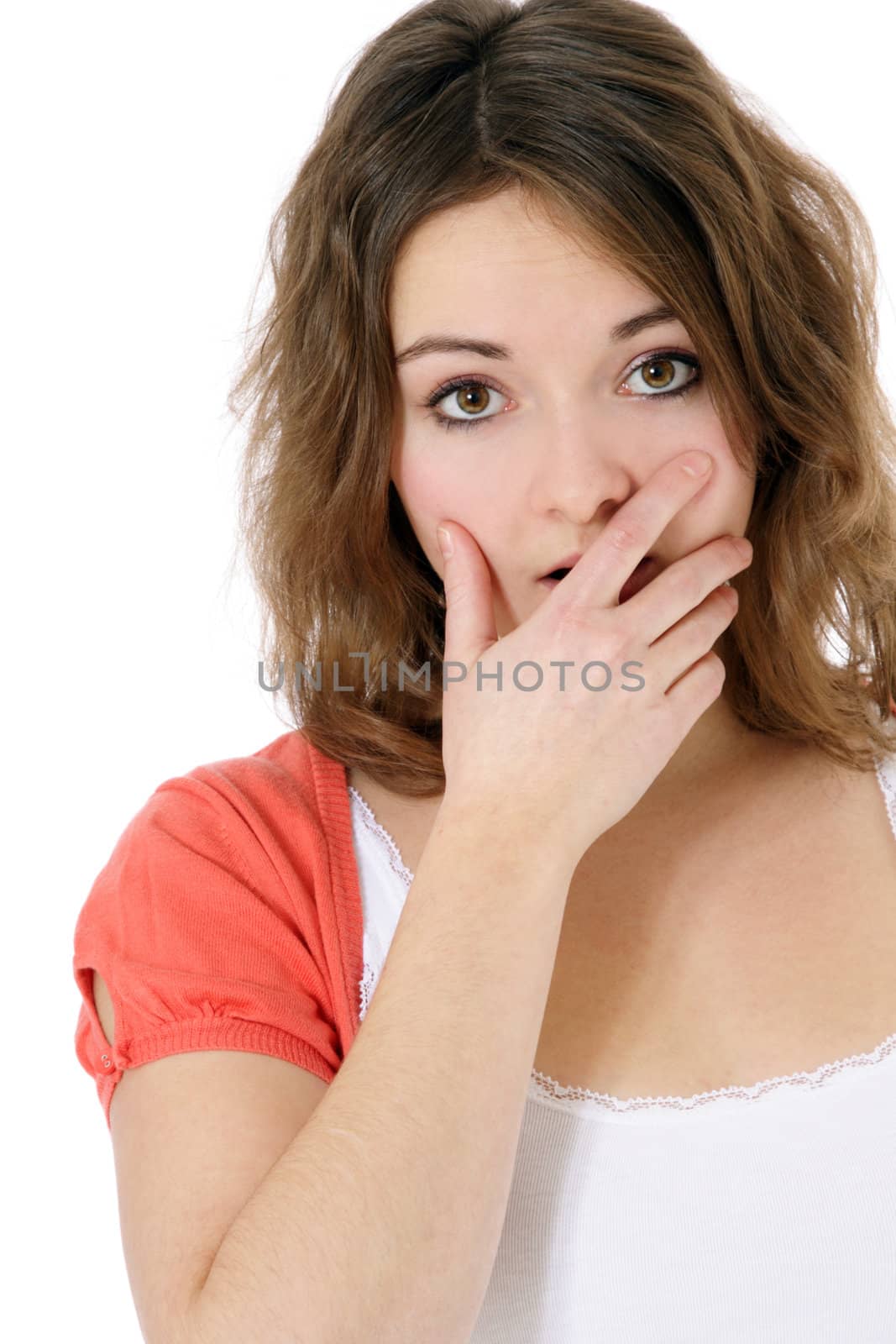 Surprised young woman. All on white background.