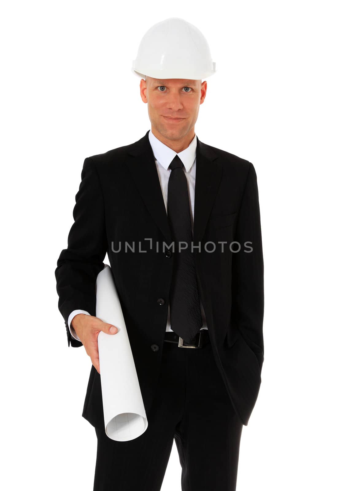 Portrait of an architect wearing helmet. All on white background.