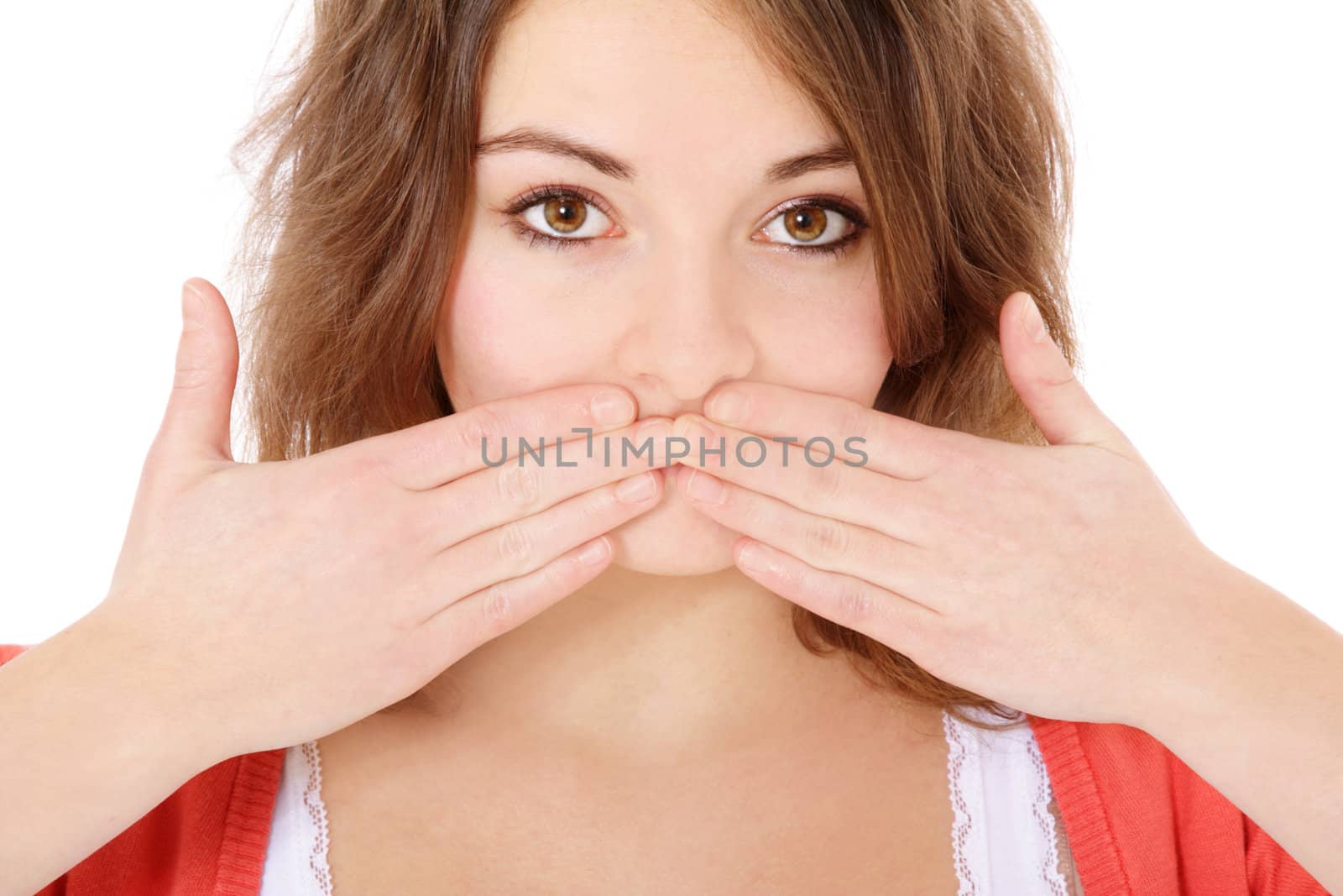 Attractive young woman keeping her mouth shut. All on white background.