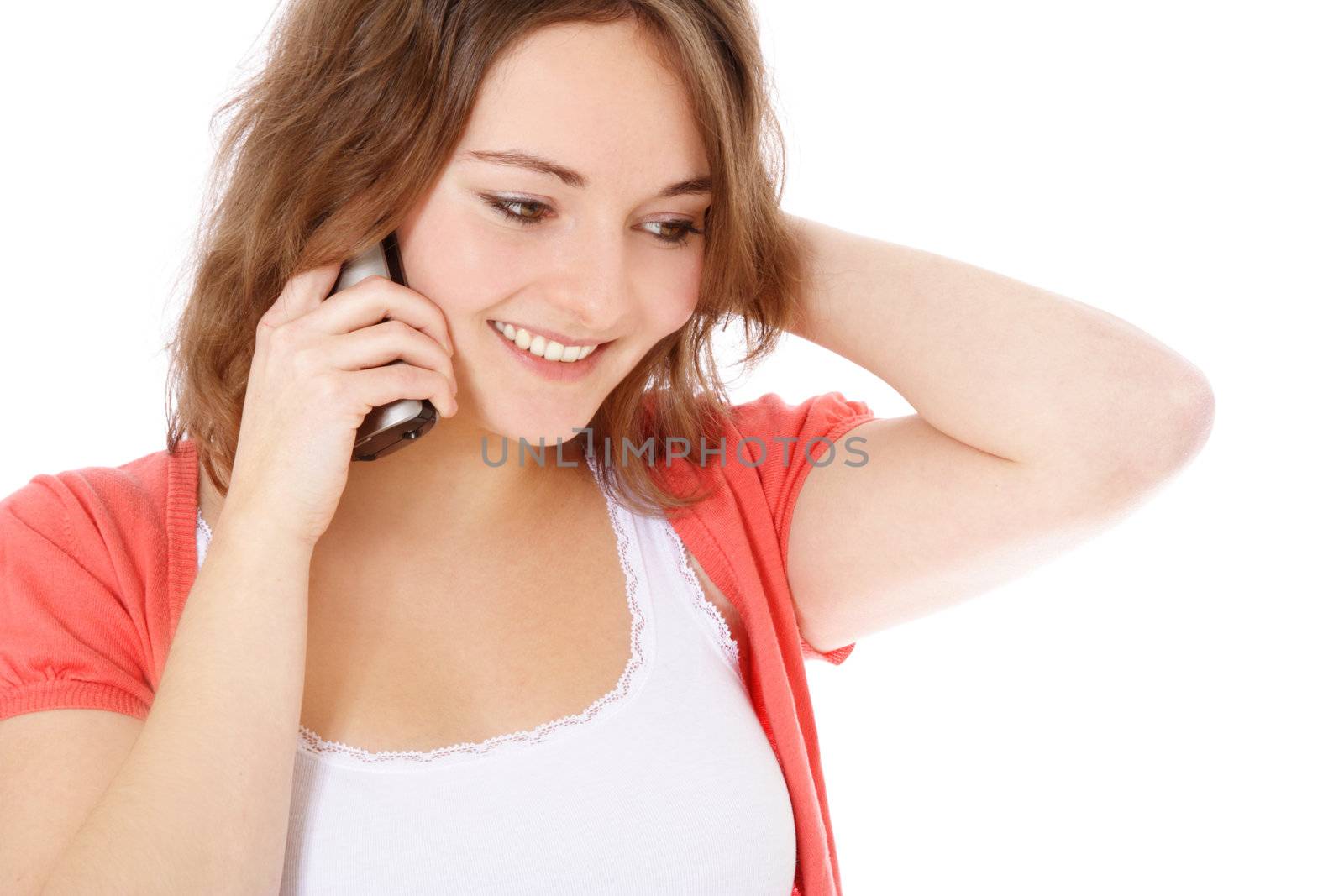 Attractive young woman making a phone call. All on white background.