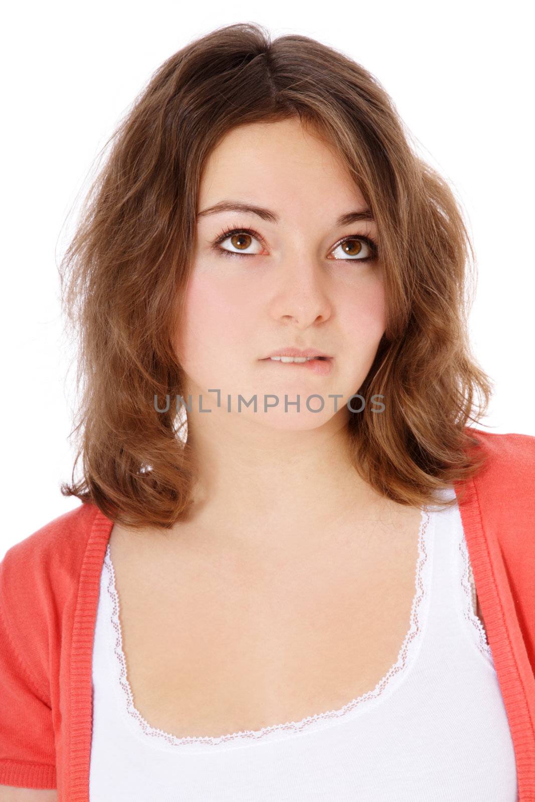 Doubting young woman. All on white background.