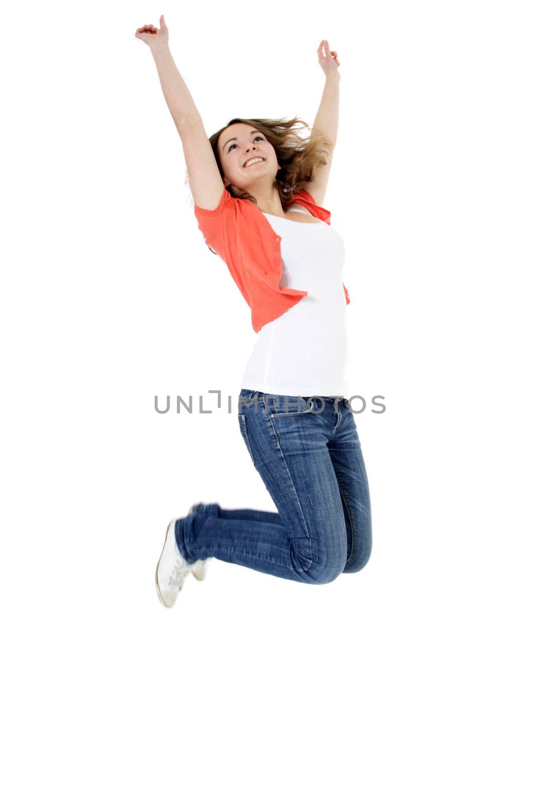 Young woman jumping in the air. All on white background.