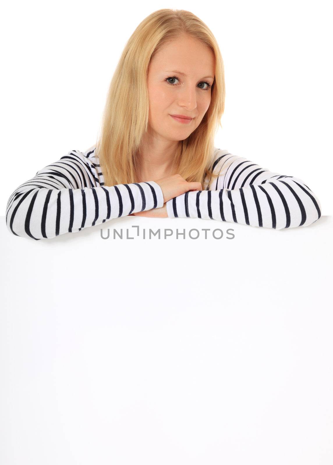 Attractive blond woman behind blank white sign. All on white background.