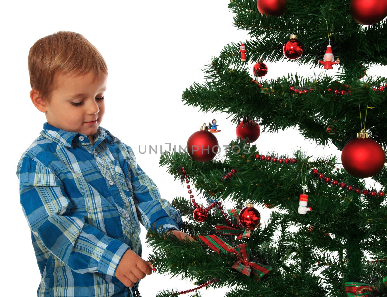 Cute caucasian boy decorating the christmas tree. All on white background.