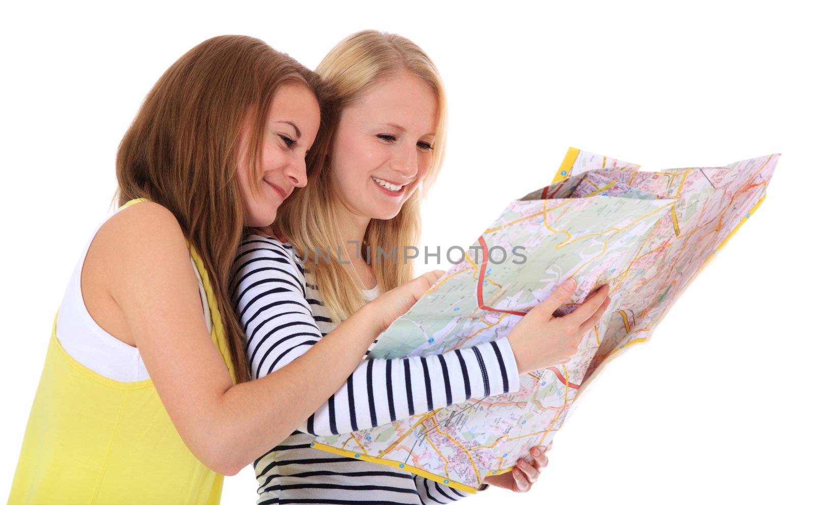 Two girls try to find their way on a map. All on white background.