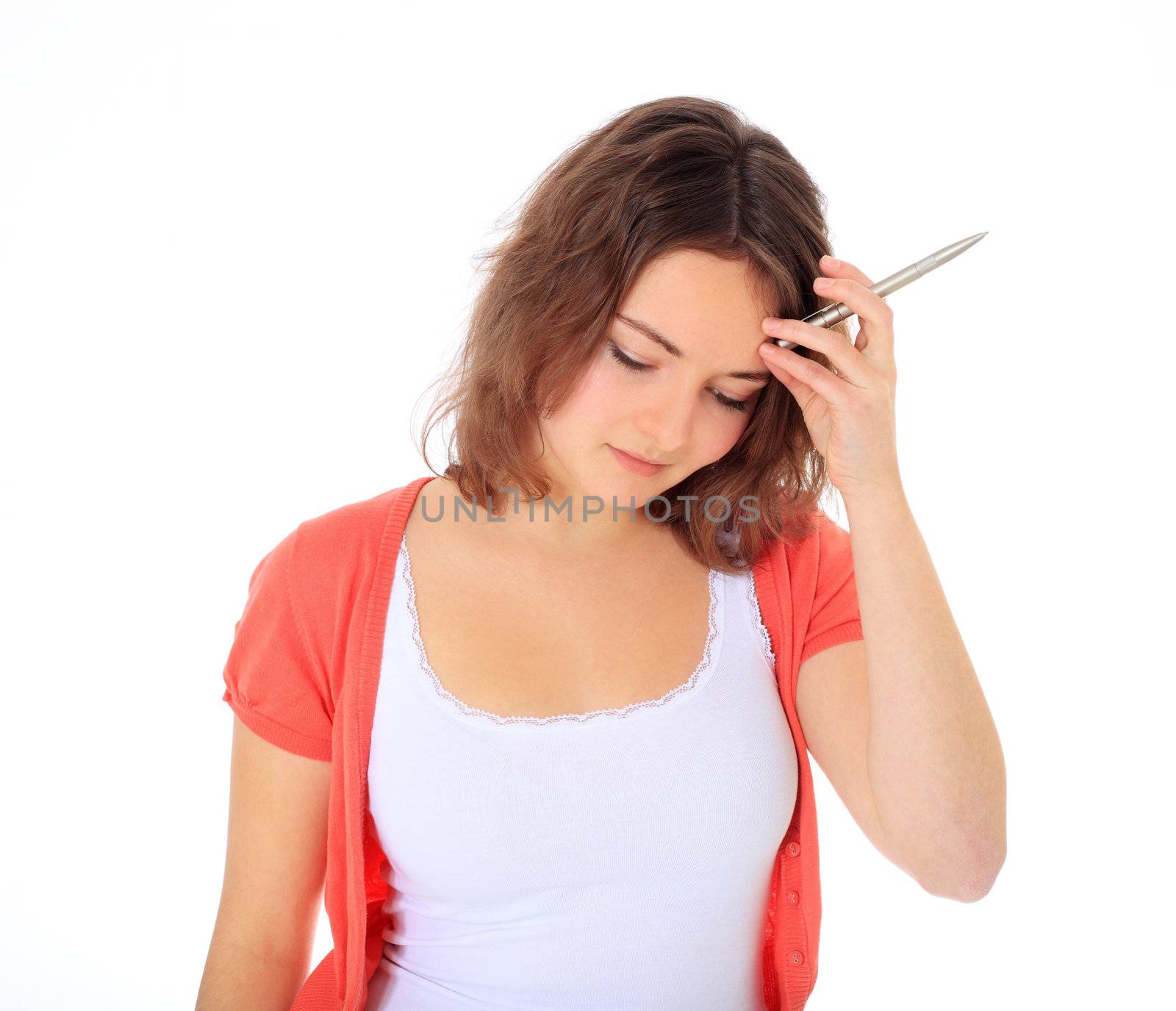 Attractive young woman got a problem. All on white background.