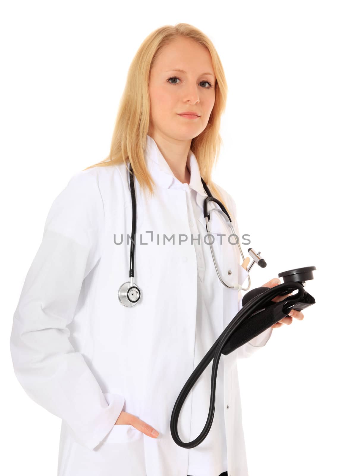 Attractive medical student. All on white background.