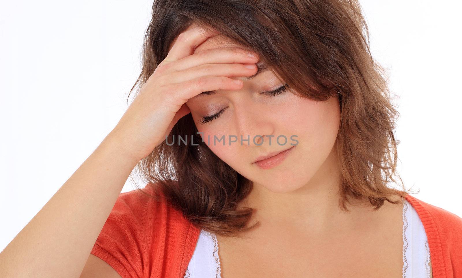 Young woman suffers from headache. All on white background.