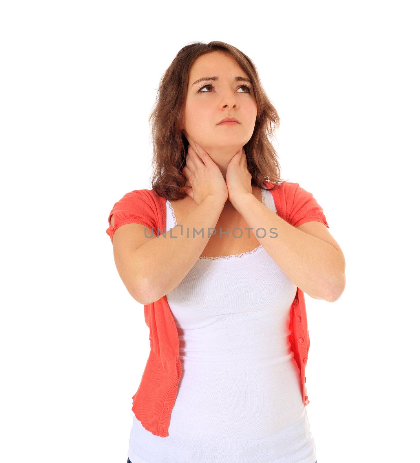 Attractive young woman suffers from sore throat. All on white background.