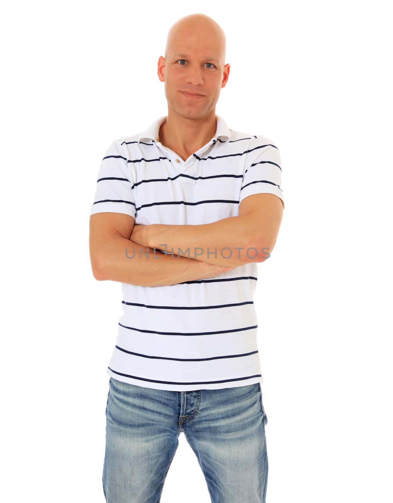 Serious looking man. All on white background.