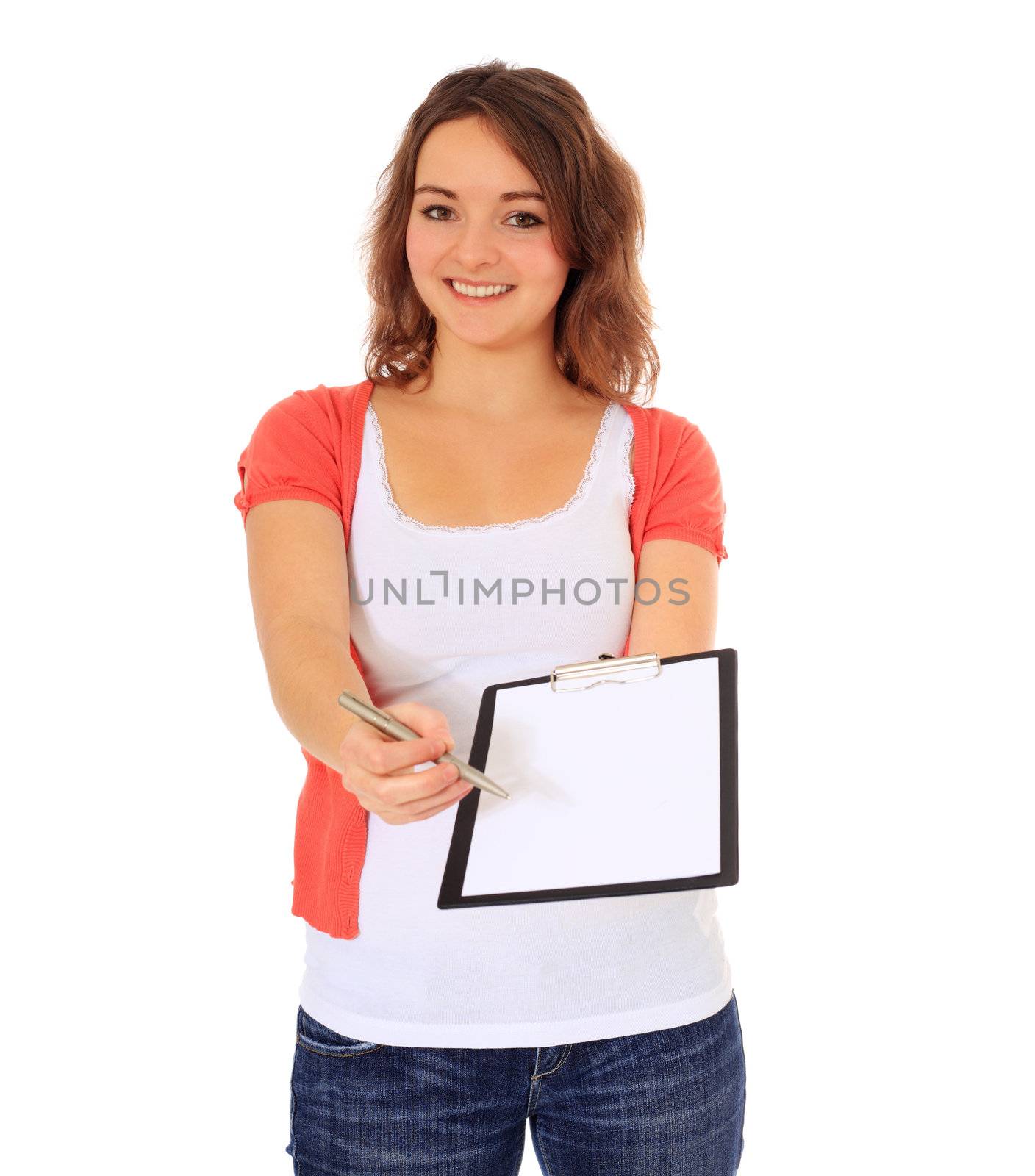 Attractive young woman doing a survey. All on white background.