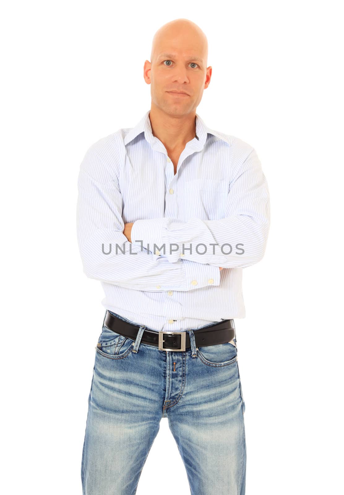 Serious looking man. All on white background.