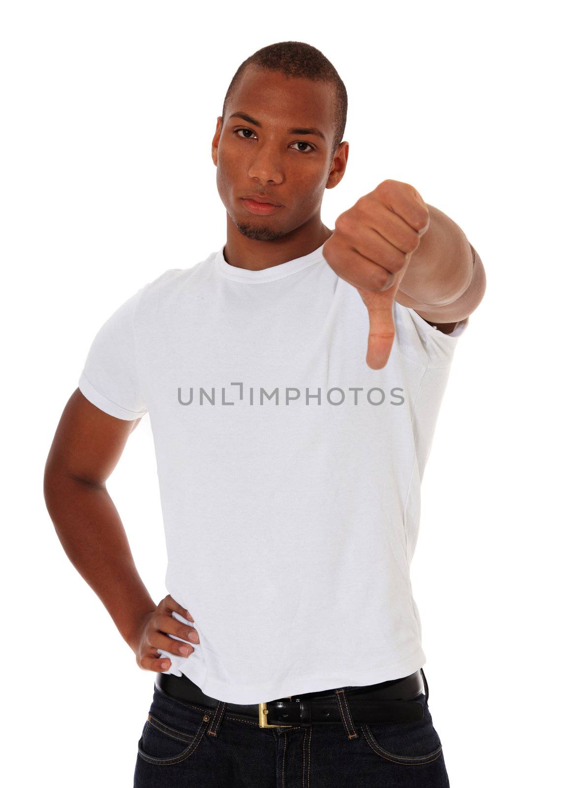 Attractive black showing thumb down. All on white background.