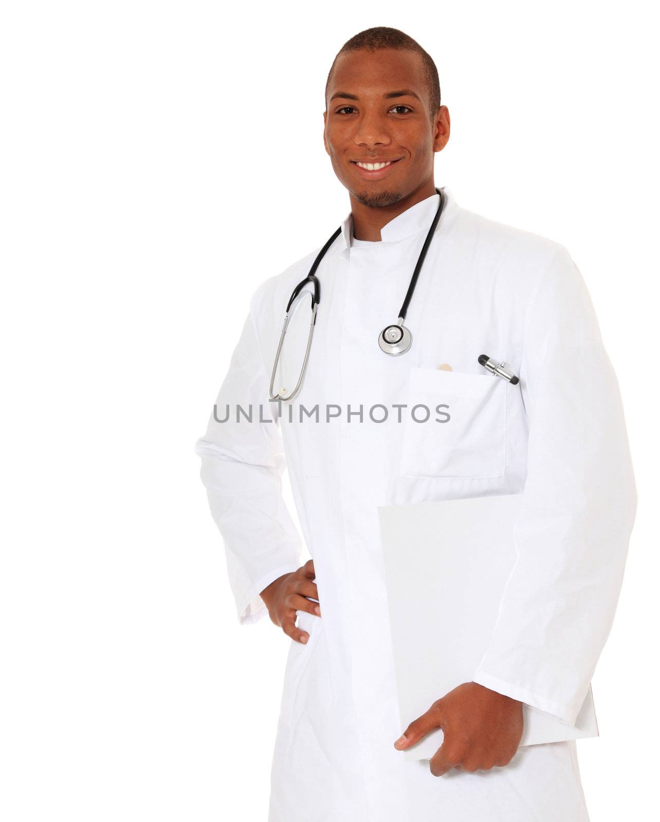 Attractive black doctor. All on white background.