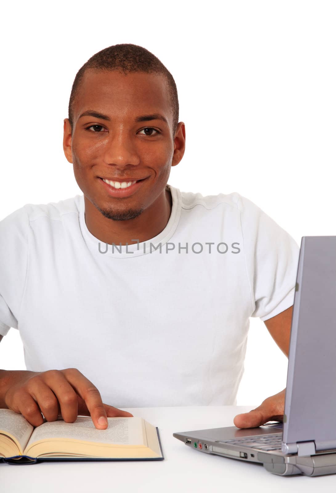 Attractive black student. All on white background.